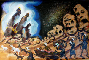 Climate Refugees, a painting by A.Vonn Hartung, shows wandering refugees leaving their homeland.