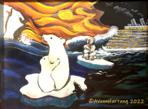 The Melting North, a painting by A.Vonn Hartung, showing polar bears stranded on a floating piece of ice as a consequence of the climate crisis.